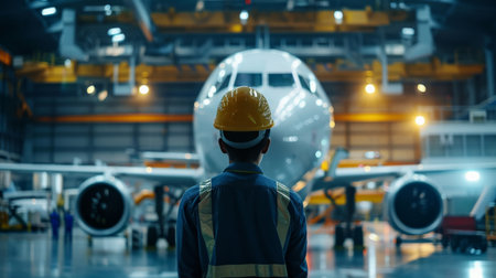 Back view of engineer looking at airplane in hangar. Air transportation conceptの素材