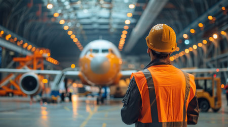 Rear view of male civil engineer standing in front of airplane in airport terminalの素材