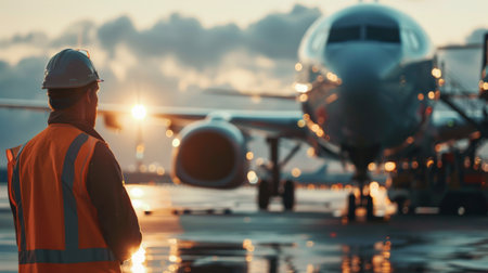Rear view of male worker standing in front of airplane at airportの素材