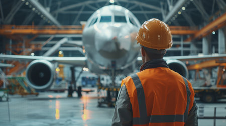 Rear view of engineer in safety helmet looking at airplane in hangarの素材