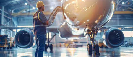 Airport maintenance and repair. Civil engineer or pilot working in hangar.の素材