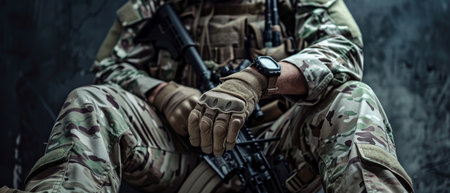 A soldier wearing military gear is sitting with a gun in his hands.の素材