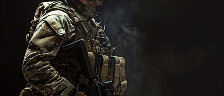 A soldier in full combat gear stands in the shadows, his face obscured by the smoke from his gun.の素材