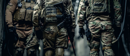 A group of soldiers in full tactical gear walk through a dark tunnel.の素材