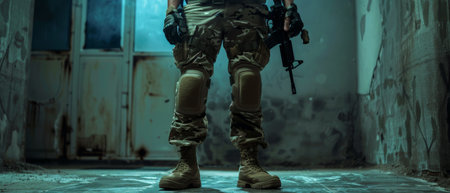 A soldier in full combat gear is standing in a dark room.の素材