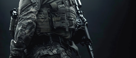 A soldier in full tactical gear is silhouetted against a dark background.の素材