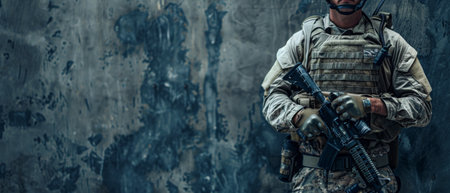A soldier in full combat gear is standing in front of a concrete wall.の素材