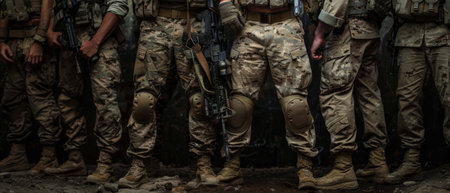 A group of soldiers in full combat gear is standing in a dark room.の素材