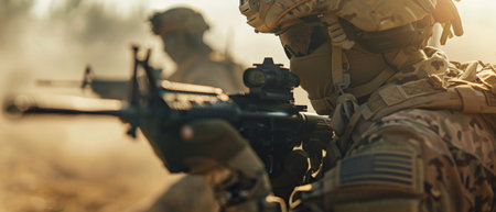 A soldier wearing a helmet and body armor is aiming his rifle.の素材