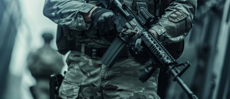 A soldier in full combat gear is walking down a dark alley.の素材