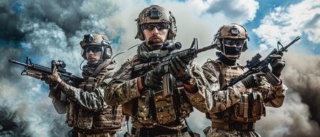 Three soldiers in full combat gear with rifles standing in front of a smoky backgroundの素材