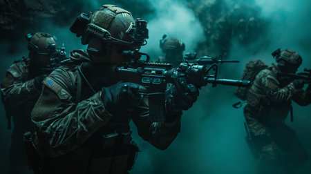 A group of soldiers in full combat gear advancing through a dark tunnel.の素材