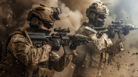Convey the professionalism and expertise of special forces with a prompt featuring a half-length low-angle studio shot --ar 16:9 Job ID: 9b91f1eb-fb18-4709-b601-f8cbb7303fdbの素材