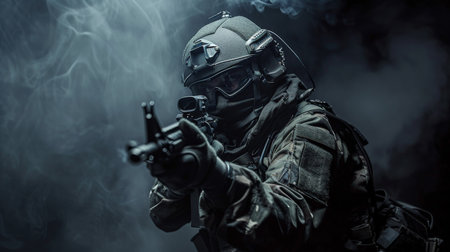 A soldier in full tactical gear, armed with an assault rifle, stands in a dark, smoky room.の素材