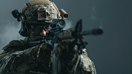 A soldier in full combat gear aims his rifle.の素材
