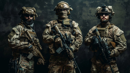 Three soldiers in full combat gear are posing in front of a dark background.の素材