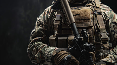 A soldier in full combat gear is standing in a dark room. He is holding a gun and looking at the camera.の素材