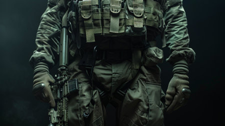 A soldier in full combat gear is standing in a dark room.の素材