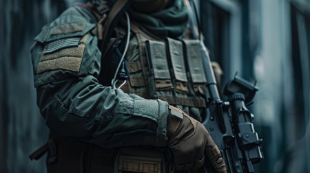 A soldier in full tactical gear is standing in a dark alley.の素材