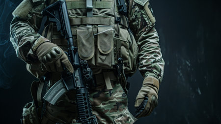 A soldier in full combat gear is holding a rifle.の素材