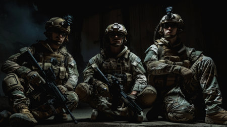 Three soldiers in full combat gear kneeling in a dark roomの素材