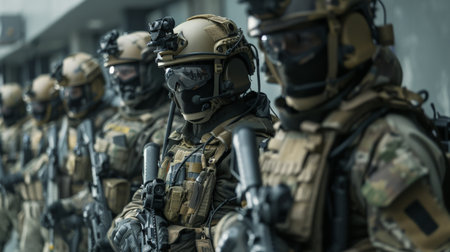 A soldier in full tactical gear, armed with a rifle, stands in front of a group of other soldiers.の素材