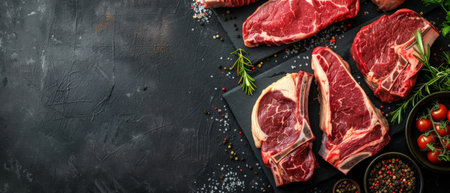 Various cuts of raw beef on a dark background.の素材