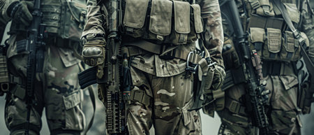 A group of soldiers in full combat gear is standing in a forest.の素材