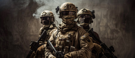 Three soldiers in full tactical gearの素材