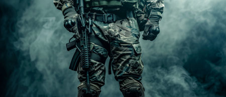 A soldier in full combat gear standing in a smoky atmosphereの素材
