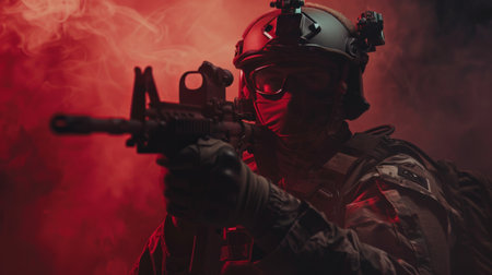 A soldier in full combat gear aiming his rifle.の素材