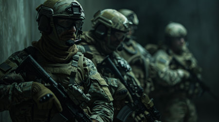 A group of soldiers in full combat gear standing in a dark room.の素材