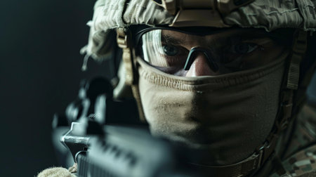 Convey the professionalism and expertise of special forces with a prompt featuring a half-length low-angle studio shot --ar 16:9 Job ID: eea5ca73-fc5c-4c2c-b999-a1b44d20001bの素材