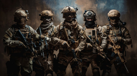 A group of five soldiers in full combat gear and gas masks standing in front of a dark background.の素材