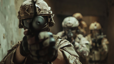 A soldier in full tactical gear aims his rifle down a dark hallway.の素材