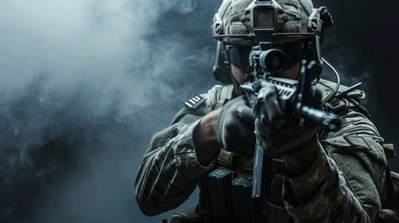 A soldier in full combat gear is aiming his rifle.の素材