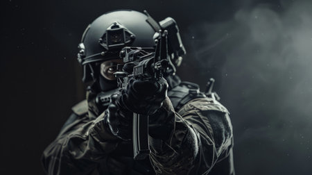 A soldier in black uniform and mask holding a gunの素材