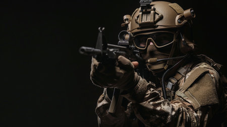 A soldier in full combat gear is aiming his rifle.の素材