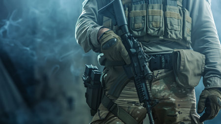 A soldier in full tactical gear is standing in a dark room.の素材