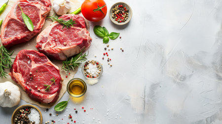 Three raw beef steaks with spices and herbs on a white background.の素材