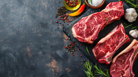 Three raw beef steaks on a cutting board with spices and herbs.の素材