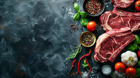 A variety of raw meats and spices on a dark background.の素材