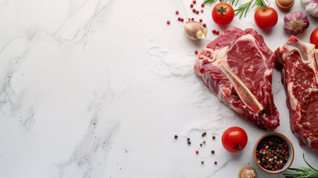 Two raw beef steaks with spices and vegetables on white marble background.の素材