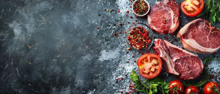 Raw fresh beef steak with spices and herbs on a dark background.の素材