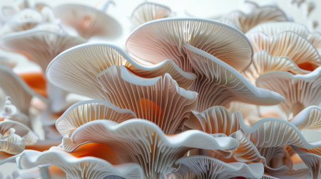 A close up photograph of a cluster of white and pink oyster mushroomsの素材