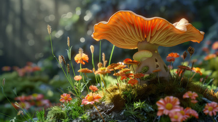 A photo of a realistic 3D rendering of a detailed and textured mushroom house in a lush green forest setting.の素材