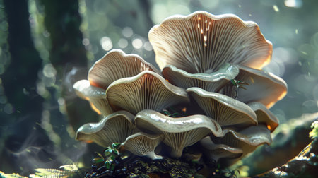 A photo of a cluster of mushrooms in the forest. The mushrooms are large and white, with a smooth, shiny cap. The gills on the underside of the mushrooms are a light pink color. The mushrooms are growing in a cluster on a dead log. The background of the photo is a blur of green leaves and branches.の素材