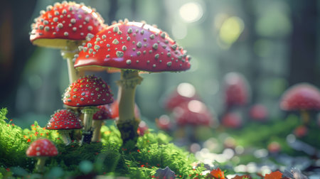 A photo of red mushrooms with white spots in a green forest setting.の素材