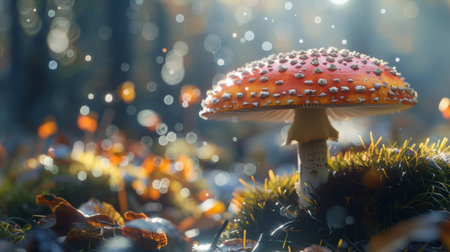 A red mushroom with white spots in a forest with a beautiful bokeh backgroundの素材