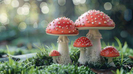 Red and white spotted mushrooms in a green mossy forestの素材